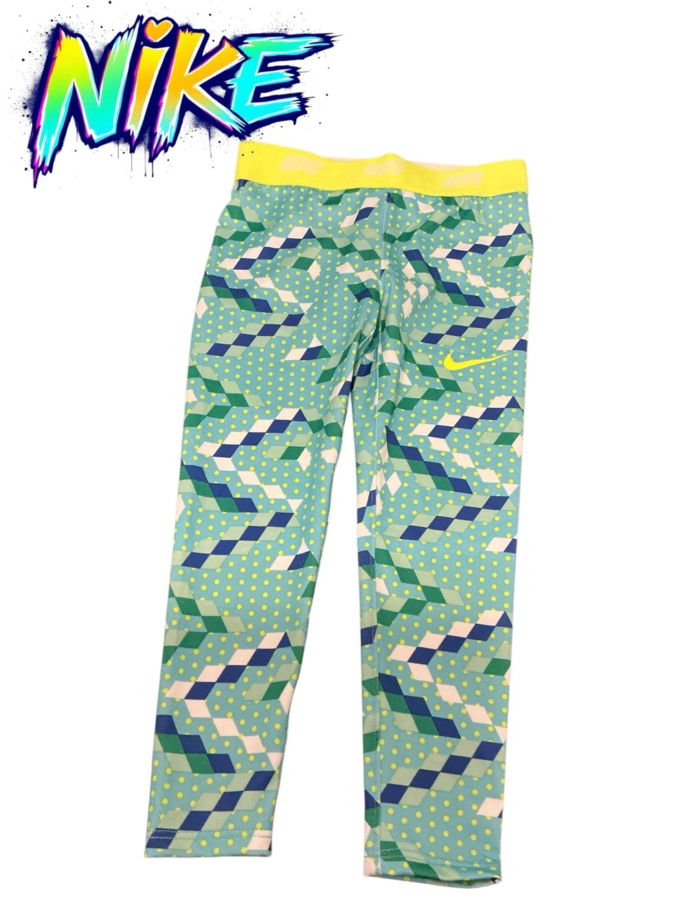 Nike Girls' Green Geometric Print Leggings with Yellow Waistband